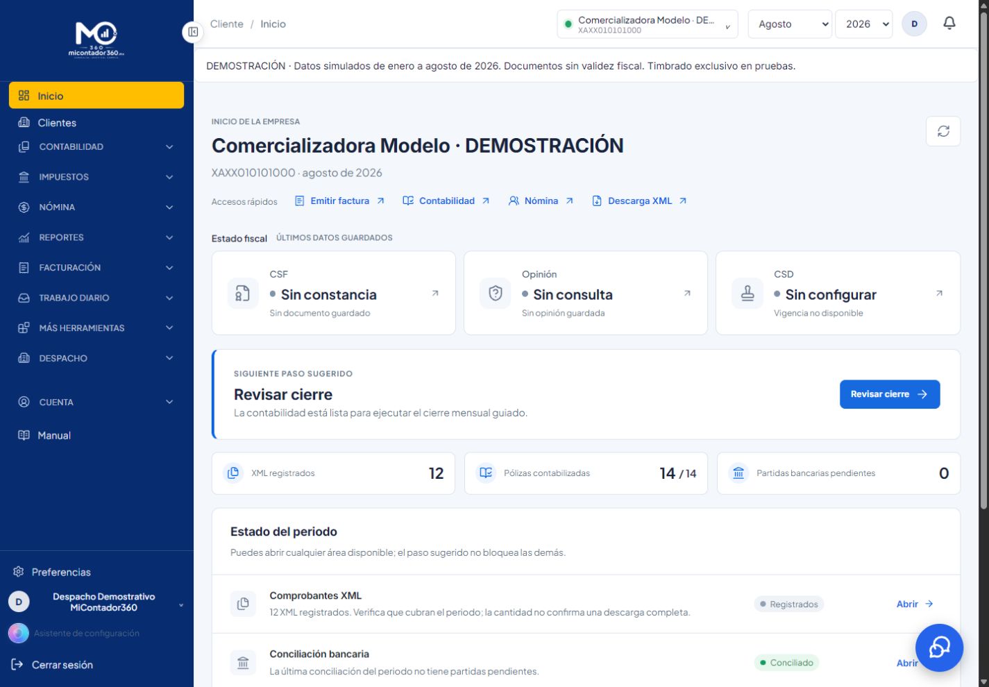 Tablero real de MiContador360 con datos de una empresa de demostración