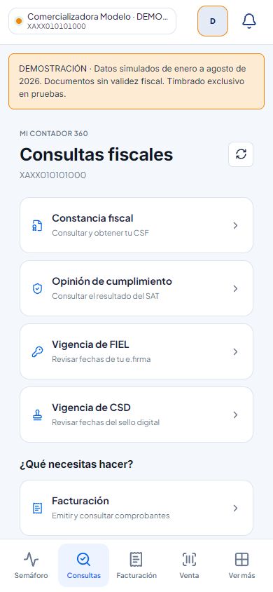Consultas fiscales de MiContador360 en móvil con datos demo